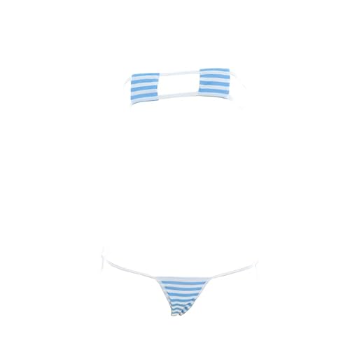 SINMIUANIME Women Japanese Style Anime Lingerie Sexy Blue/Pink Striped Micro Bikini Cosplay Bra and Panty Set - One Size - 325blue