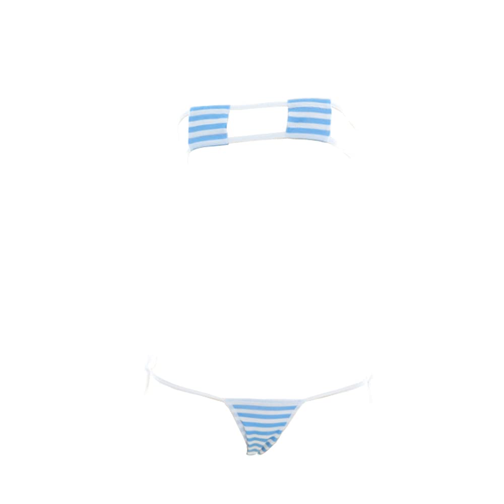 SINMIUANIME Damska bielizna anime w japońskim stylu seksowna niebiesko-różowe paski mikro bikini cosplay biustonosz i majtki zestaw, One Size