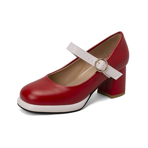 Women's Leather Platform Mary Janes Pumps with Adjust Buckle Strap Retro Comfortable Round Toe Stack Chunky Heels Dress Shoes for Party Prom Date Uniform Shoes