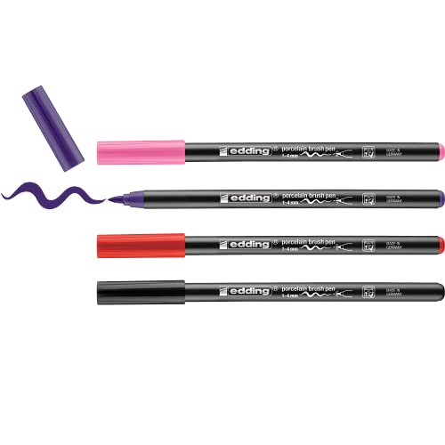 edding 4200 Brush Pen per Porcellana, Nero, Vosso, Viola, Rosa, 4 Penne, Punta 1-4 Mm, per Dipingere e Decorare Ceramica, Porcellana, Lavabile In Lavastoviglie, Asciugatura Rapida