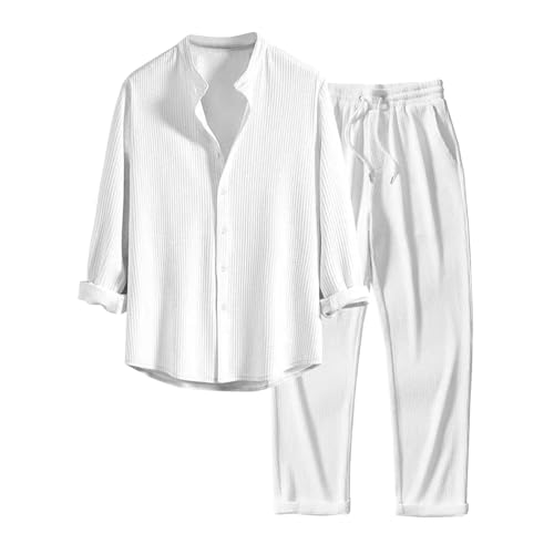 Men's 2 Piece Linen Set, Solid Color Long Sleeve Button Down Lapel Shirts and Long Pants Summer Casual Beach Outfits Sets