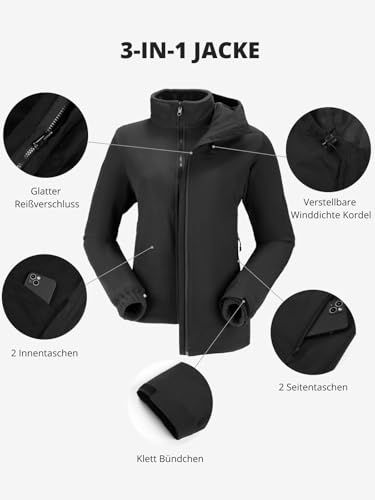 OutPro 3-in-1 Winterjacke Damen Wasserdicht Winddicht Skijacke Outdoor Wandern mit Fleece Gefüttert Doppellagige Abnehmbare Kapuzen-Funktionsjacke für Ski, Bergsteigen, Reisen Schwarz S