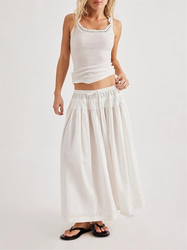 Y2k Eyelet Set for Women Embroidered Ruffle V Neck Lace Up Vest Top Elastic Waist Maxi Skirt Set Vacation Streetwear4