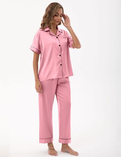 Image of UMBY Silk Satin Pajamas for Women Set 2 Piece button down Soft Silk Pjs Sets Cozy Silky Pajama Short Sleeve