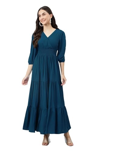 Image of Femvy Women's Fit and Flare Maxi Dress Rayon 3 /4 Sleeve Solid V-Neck Evening Dress 751