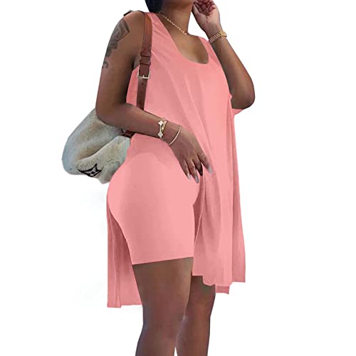 Axosy Women's Plus Size 2 Piece Outfits Sleeveless Tunic Tops And Bodycon Biker Shorts Sets Tracksuits Pink,Small #TOP4