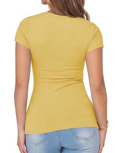 Image of Albe Rita Women Short Sleeve T-Shirt Cap V Neck Shirts for Women Ribbed Casual Top Knit Slim Fit for Summer