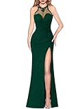 VFSHOW Womens 2024 Formal Prom Maxi Dresses Illusion Halter Keyhole Back High Slit Applique Twist Front Evening Gown Dress (Green, X-Large) 062 GRN XL