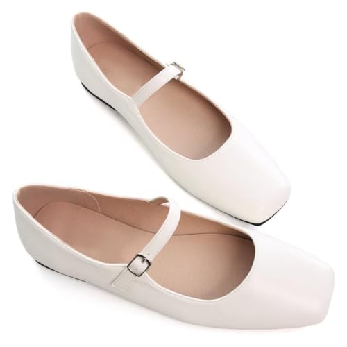 Image of TN TANGNEST Leather Flats for Women Retro Mary Jane Flats | Comfortable Square Toe Slip On Flats with Buckle Strap, Soft Work Flats Office Shoes