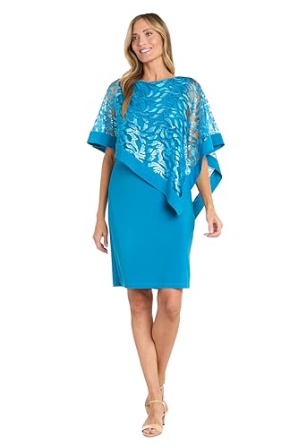 R&M Richards Women's Sheath Dress W/Embellished Sequin Mesh Asymmetric Poncho - Leaf Pattern Overlay