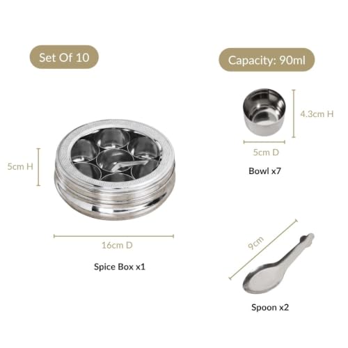 Image of Nestasia Stainless Steel Masala Dabba for Kitchen Storage (90ml x 7 Containers) - Engraved Spice Box with See Through Lid & Spoon | Rust-Free & Diswasher Safe Garam Masala & Biryani Masala Dani