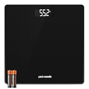 Paul Russells Digital Bathroom Scales for Body Weight, Glass Weighing Scale, High Precision Sensors Accurate Weight Machine, Batteries Included, 150kg/24st/330lb, Black