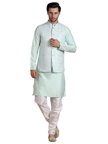 Image of men's Silk Blend Kurta Pejama & Waistcot Set