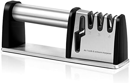 Knife Sharpeners, 4 Stage Kitchen Knives and Scissors Sharpening Tool, Professional Chef's Kitchen Knife Accessories to Repair Grind Polish Blade, Manual Kitchen Knife Sharpener(Silver）