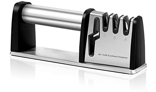 Knife Sharpeners, 4 Stage Kitchen Knives And Scissors Sharpening Tool, Professional Chef's Kitchen Knife Accessories To Repair Grind Polish Blade, Manual Kitchen Knife Sharpener(Silver） #TOP2