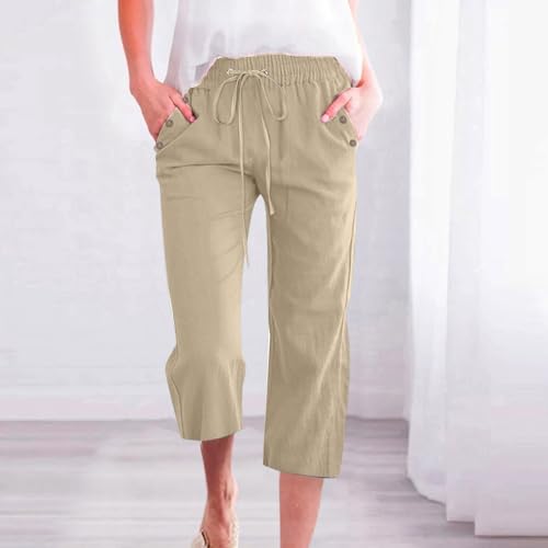 Capri Pants for Women Casual 2025 Summer Drawstring Elastic High Waist Linen Pant2