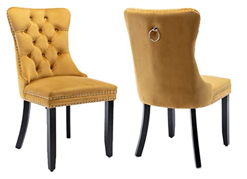 Lz Leisure Zone Dining Chairs 2-Pcs Set, High-End Velvet Upholstered Accent Chairs Button Tufted Dining Chairs With Back Ring Pull And Nailhead Trim (Gold) #TOP7