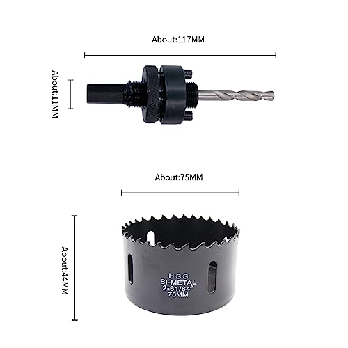 2.95inch Hole Saw, LAIWEI 75mm Hole Cutter with A2 Heavy Duty Mandrel, 4341 Drill Bit,Cutting depth 38mm,For drilling holes in wood, aluminium profiles, PVC and metal pipes (2-15/16")