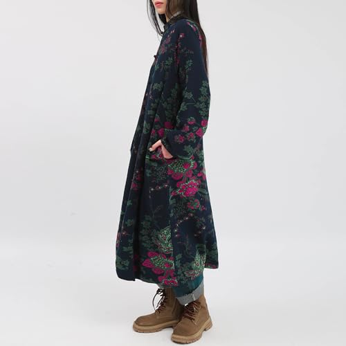 Women's Floral Print Long Trench Coat Casual Cotton Linen Jacket with Pockets Boho retro Outerwear Plus Size4