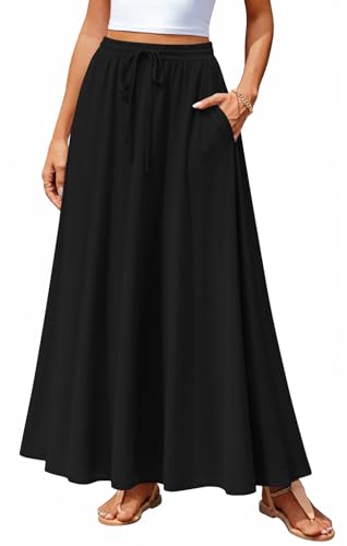 Aodemo Womens Flowy Maxi Skirt Summer Boho Pleated Elastic Waisted Casual Beach Long Skirts with Pockets XL, Black