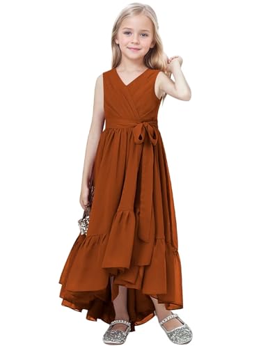 Burnt Orange Flower Girl Dress for Teen Girls High Low Chiffon Junior Bridesmaid Dresses Ruffle Formal Dresses Size 10-12 Size 10