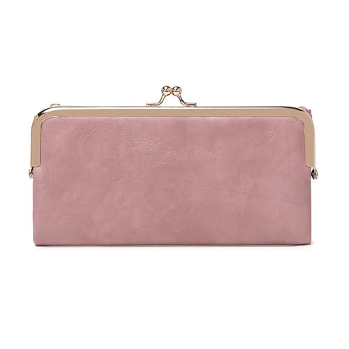 Vintage Bifold Genuine Leather Wallet for Women with Kiss Lock and Zip Coin Pocket (Pink)