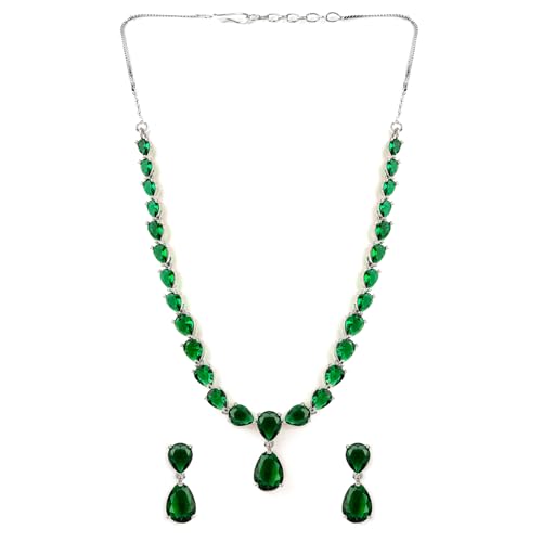 Rubans Rhodium-Plated Crystal Emerald Studded Statement Necklace Set