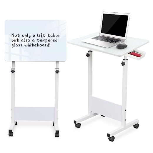 KOUPA Adjustable Height Standing Desk, Writable Tempered Glass Desktop with Eraser, 360° Flip, Wheels – Ideal for Small Spaces and Home Offices, 24 in, White(Adjustable Height: 32-47 in)