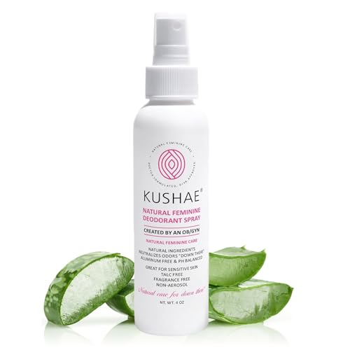Kushae Natural Feminine Deodorant Spray for Women, All Natural, Unscented and Fragrance Free, Refreshing Control for Odor and Dryness, 4 oz