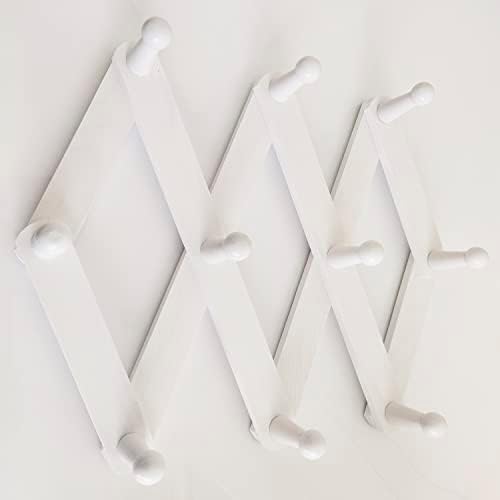 AMAPON Accordion Style Wall Hangers Expandable Coat Rack Pine Wood 10 Pegs Hooks Hang Hats Coffee Mug（2 Pack） White