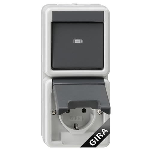 Gira Kombischalter 417630 Aufputz Grau I Kombination Aus/Wechsel + SCHUKO Steckdose senkrecht mit Klappdeckel I Wassergeschützt IP44 I Thermoplast bruchsicher