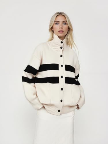 utcoco Women's Turtleneck Button Down Cardigans Color Block Chunky Knit Sweater Coat with Pockets2