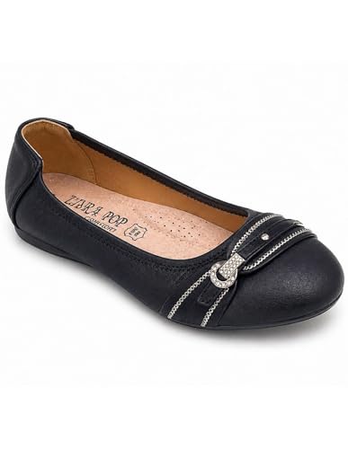 Primtex Ballerines Femme Semelle Cuir Noir, Blanc, Marine, Souples Boucle argentée Strass Semelle