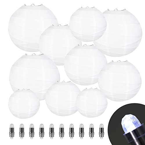 LIHAO 10PCS White Paper Lanterns with Lights, Chinese Hanging Paper Lanterns Party Decorations for Wedding Anniversary Birthday Home Outdoor(Size of 6”, 8”, 10”, 12”)
