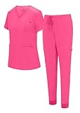 Natural Uniforms Womens 10 Pocket Cool Stretch Jogger Scrub Set (Hot Pink, Small)
