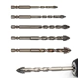Set di 5 punte eccentriche in carburo a quattro taglienti per vetro, piastrelle, muratura e calcestruzzo, codolo esagonale da 6 mm a 14 mm, per trapani manuali ed elettrici