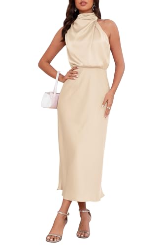 Women's 2025 Summer Satin Dress Elegant Formal Sleeveless Mock Ne...