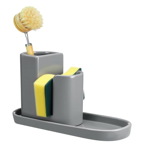 Geelin 3 in 1 Ceramic Kitchen Sink Caddy Dish Sponge Holder, Gray