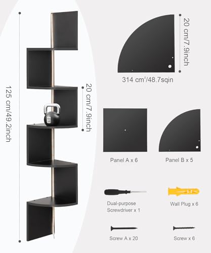5 Tiers Corner Shelf with RGB LED Lights, 49.2" Wall Mount Floating Corner Display Shelf for Living Room Bedroom Home Office Decor, APP & Remote Control (Black)