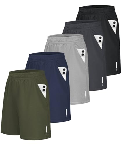 Little Beauty 5 Pack Mens Shorts with Pockets Fast Dry Basketball Athletic Shorts for Men Running Gym Casual Activewear L
