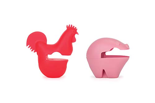 Fox Run Silicone Pot Clip Spoon Rest, Rooster and Pig, Set of 2, 2.75", Red and Pink