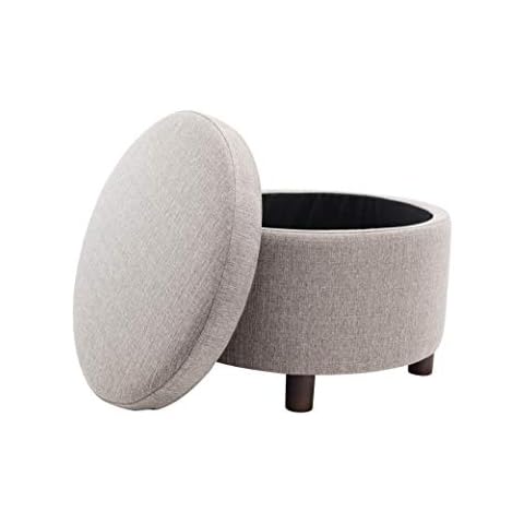 Wovenbyrd Classic Large Round Storage Ottoman Footstool with Removable Lid, Gray Fabric Cover