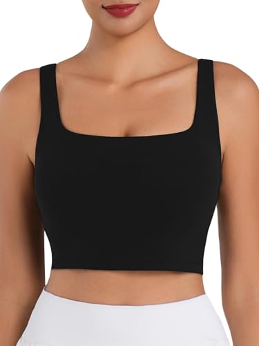 Sunzfly Square Neck Longline Sports Bra with Removable Pads Built in Bra Workout Crop Tank Top Wide Strap Short Yoga Camisole Black
