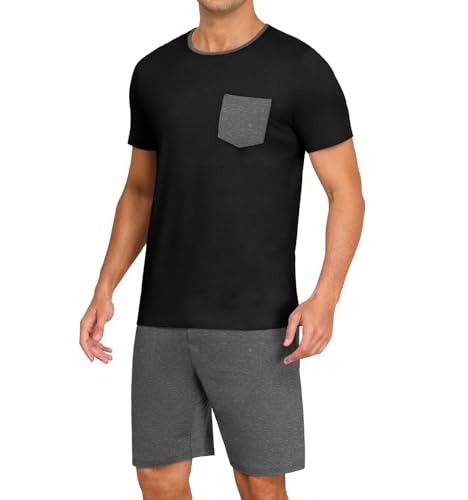 Image of PrinStory Mens Summer Pajamas Set Lightweight Pjs Sets Short Sleeve Pajama Shorts Set Soft Sleepwear Loungewear with Pockets