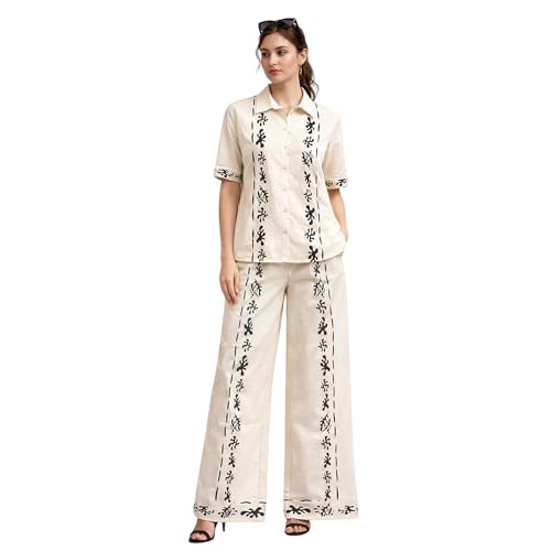 Image of Women's Cotton Blend Collared Casual Co-Ord Set with Palazzo Pants | Beige