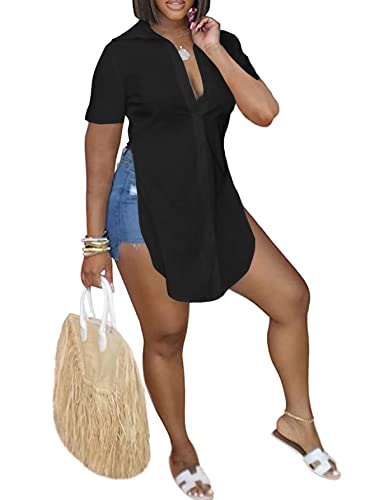 LYANER Women's Collar V Neck Button Down Slit Hem Short Sleeve Blouse Long Shirt Top