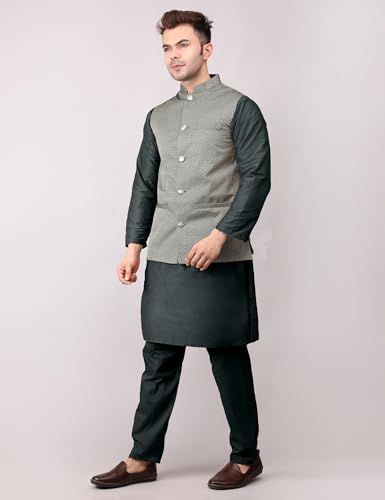 Image of Men's Cotton Silk Blend Regular Kurta Pyjama, Embroidered Nehru Jacket /Waistcoat Set