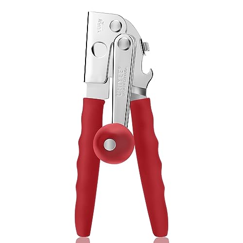 Commercial Can Opener, UHIYEE Hand Crank Can Opener Manual Heavy Duty with Comfortable Extra-long Handles, Oversized Knob, Large Handheld Can Open Easy for Big Cans, Red
