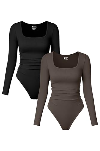 OQQ Womens 2 Piece Bodysuits Long Sleeve Square Neck Ruched Stretch Fitted Bodysuits
