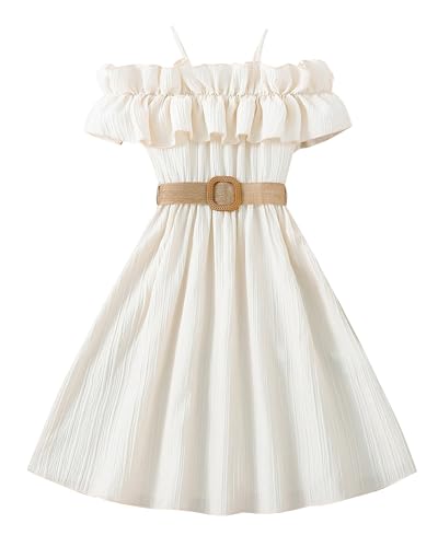 Happy Cherry Girls Ruffle Trim Off Shoulder Dress with Belt Spaghetti Strap Sundress Summer Sleeveless Midi Dresses 8-12